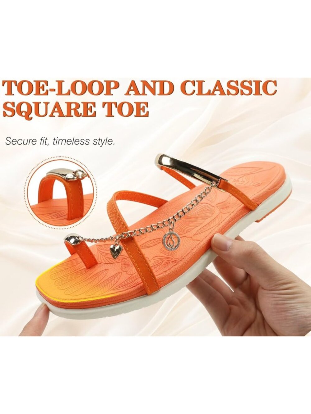 Women Orange White Flat Slides Sandals Toe loop Strappy Square Open Toe Fashion - Picture 4 of 6